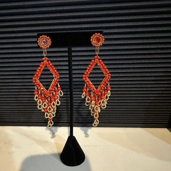 Ornate Miguel Ases Red Coral Glass & Gold 4" Chandelier Earrings - Picture 1 of 4